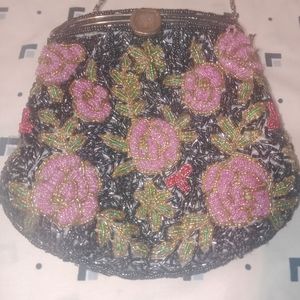 Vintage Beautiful Black and Pink Floral Beaded Evening Handbag/Purse clutch